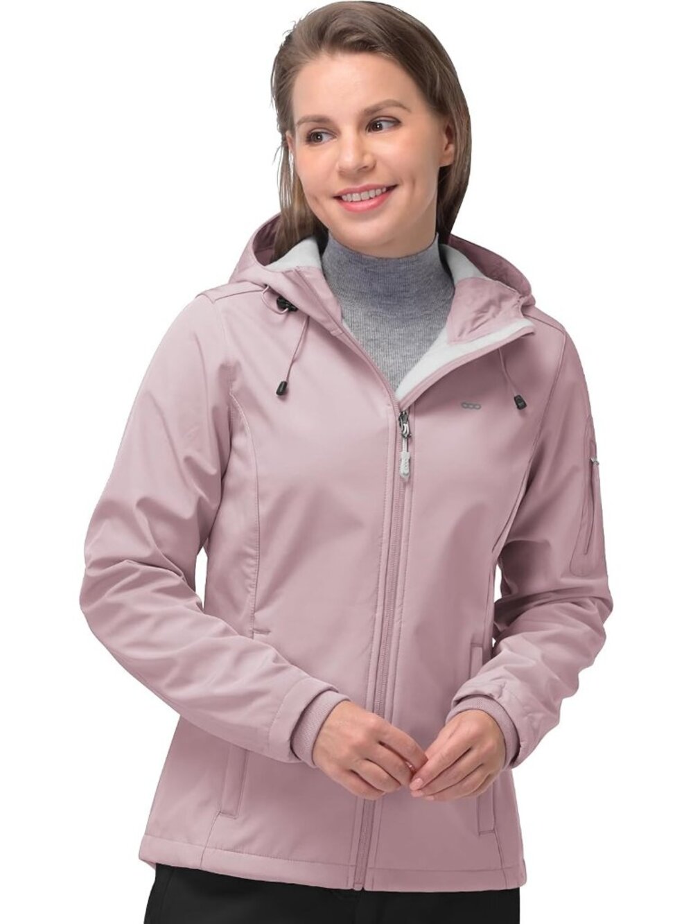 Women Pink Hooded Fleece Lined Softshell Pockets Spring Windbreaker Rain Jacket